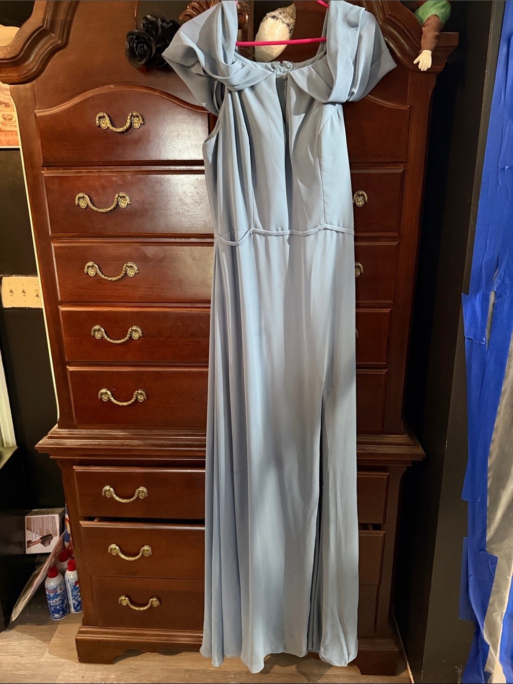 Elegant Light Blue Prom Dress with Draped Off-Shoulder Detail
